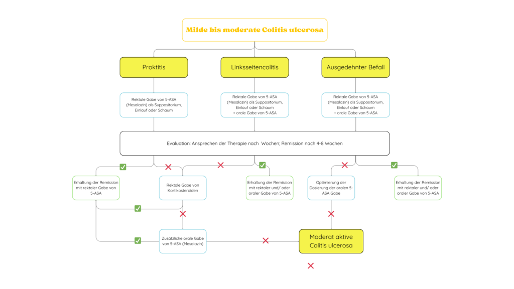 Grafische Übersicht: Einflussfaktoren für die Wahl der Therapie bei Colitis ulcerosa, basierend auf der S3-Leitlinie.